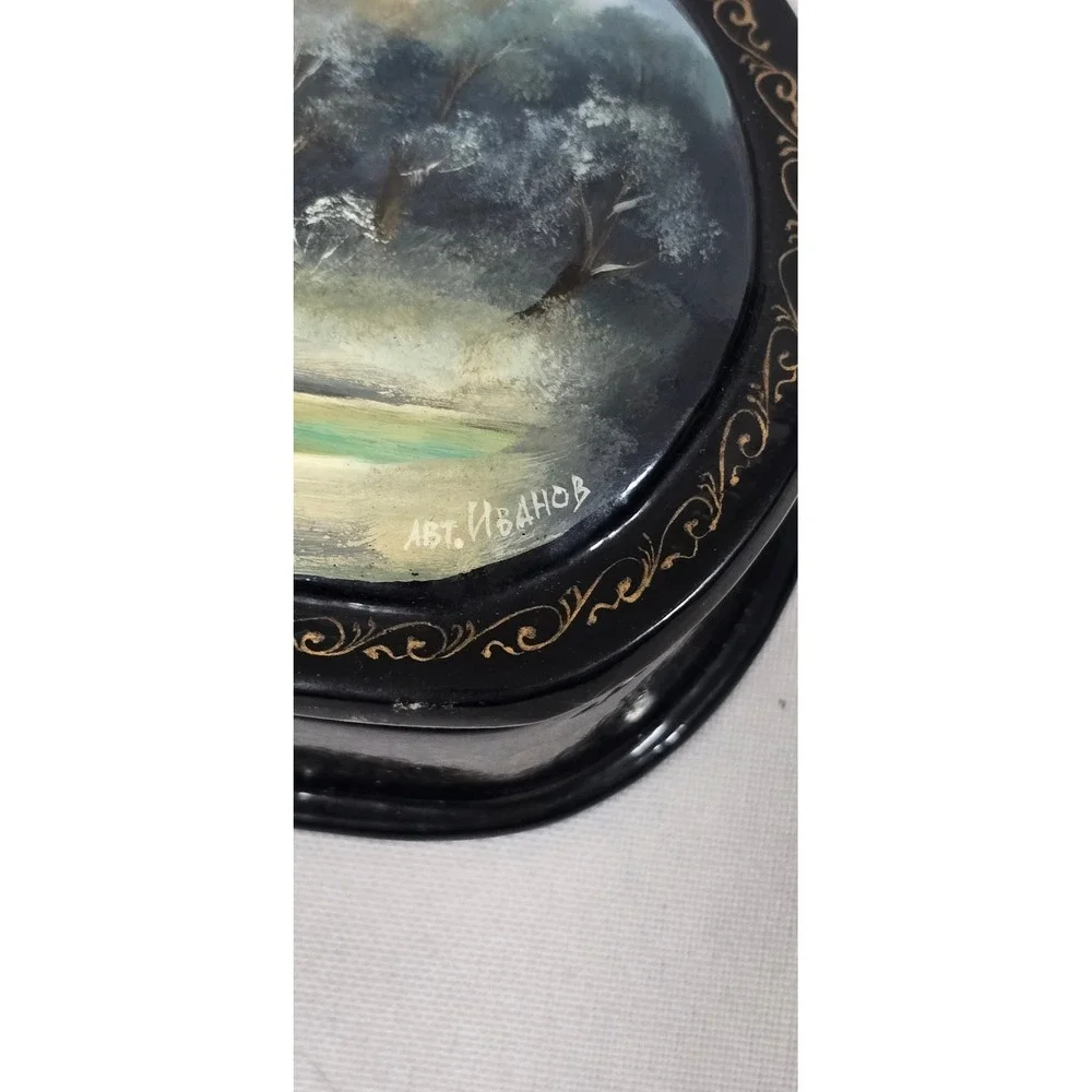 Vtg Russian Lacquer hard eyeglass case box hand painted Fedoskino nature